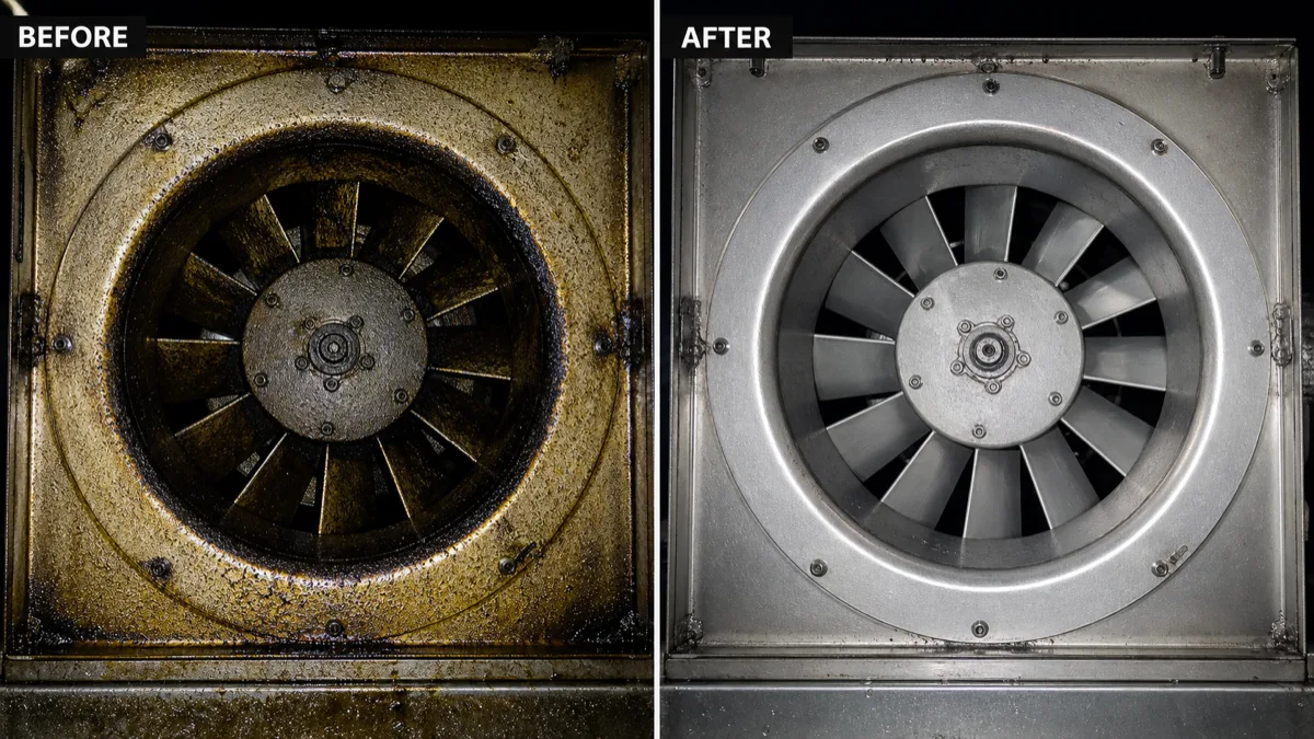 Representative before and after view of a commercial kitchen exhaust fan cleaning