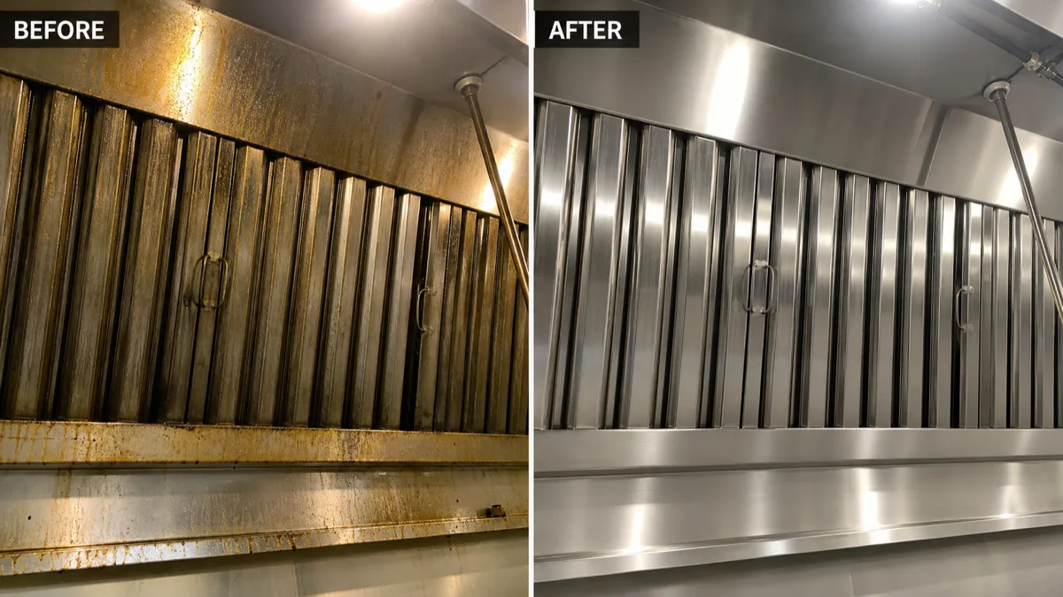 Representative commercial hood system before and after cleaning